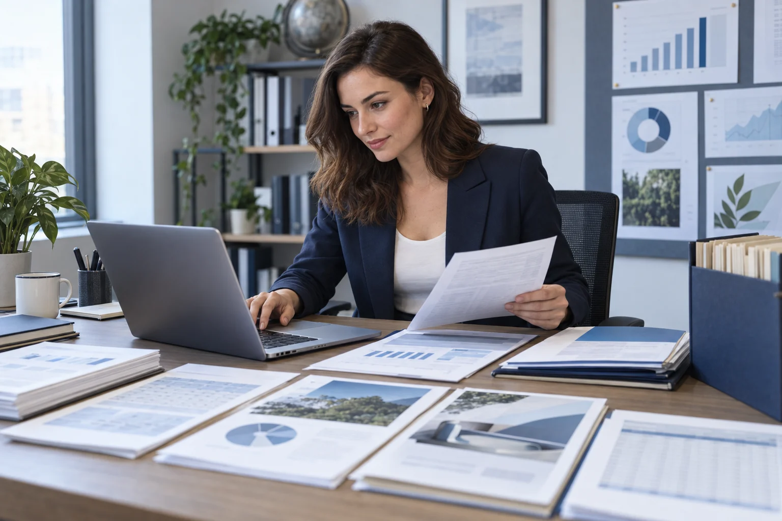 Photograph of a young professional woman organizing company reports, spreadsheets and product documents into a research pack at a laptop.