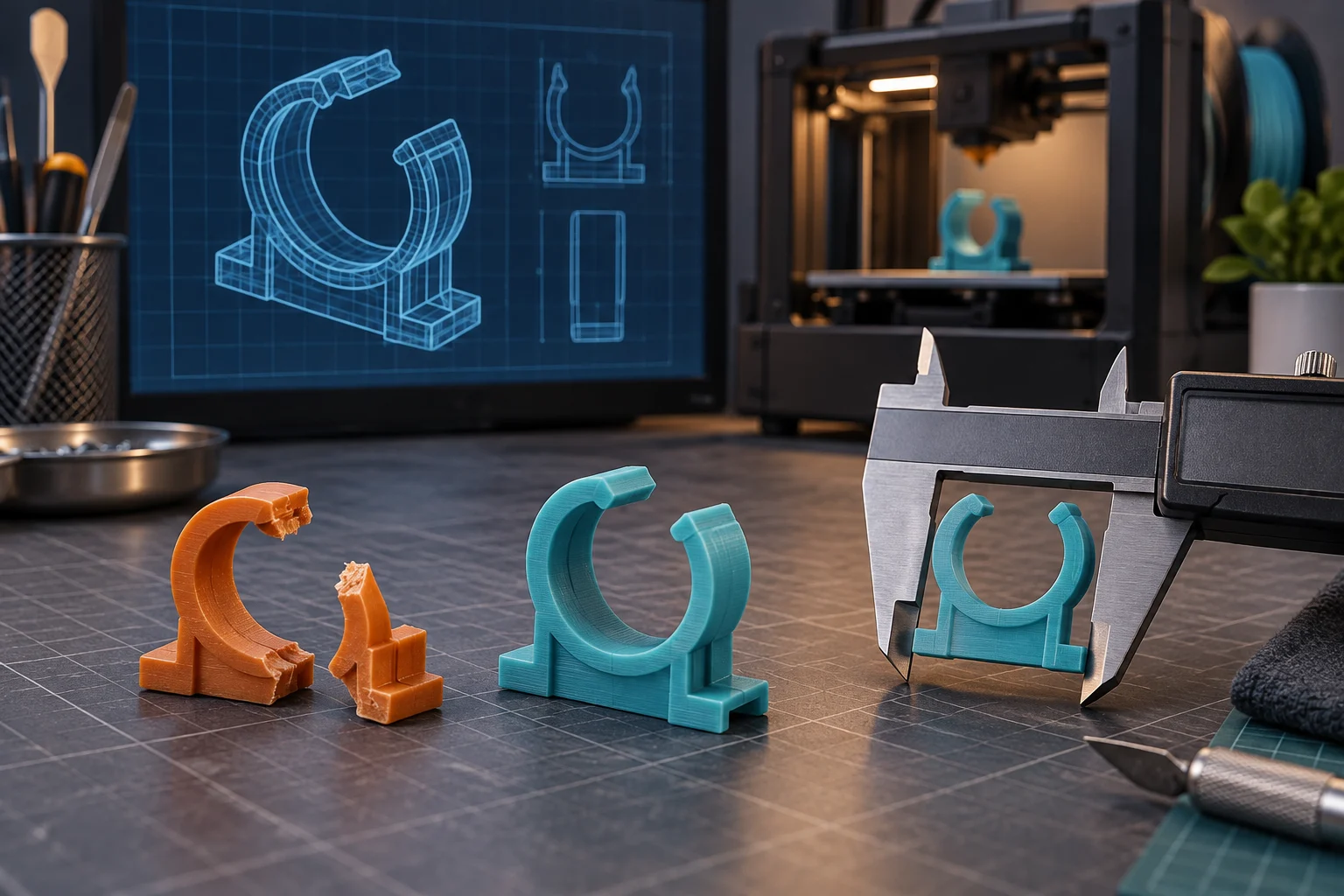 Illustration of a broken plastic clip beside calipers, a CAD model and a matching 3D-printed replacement.