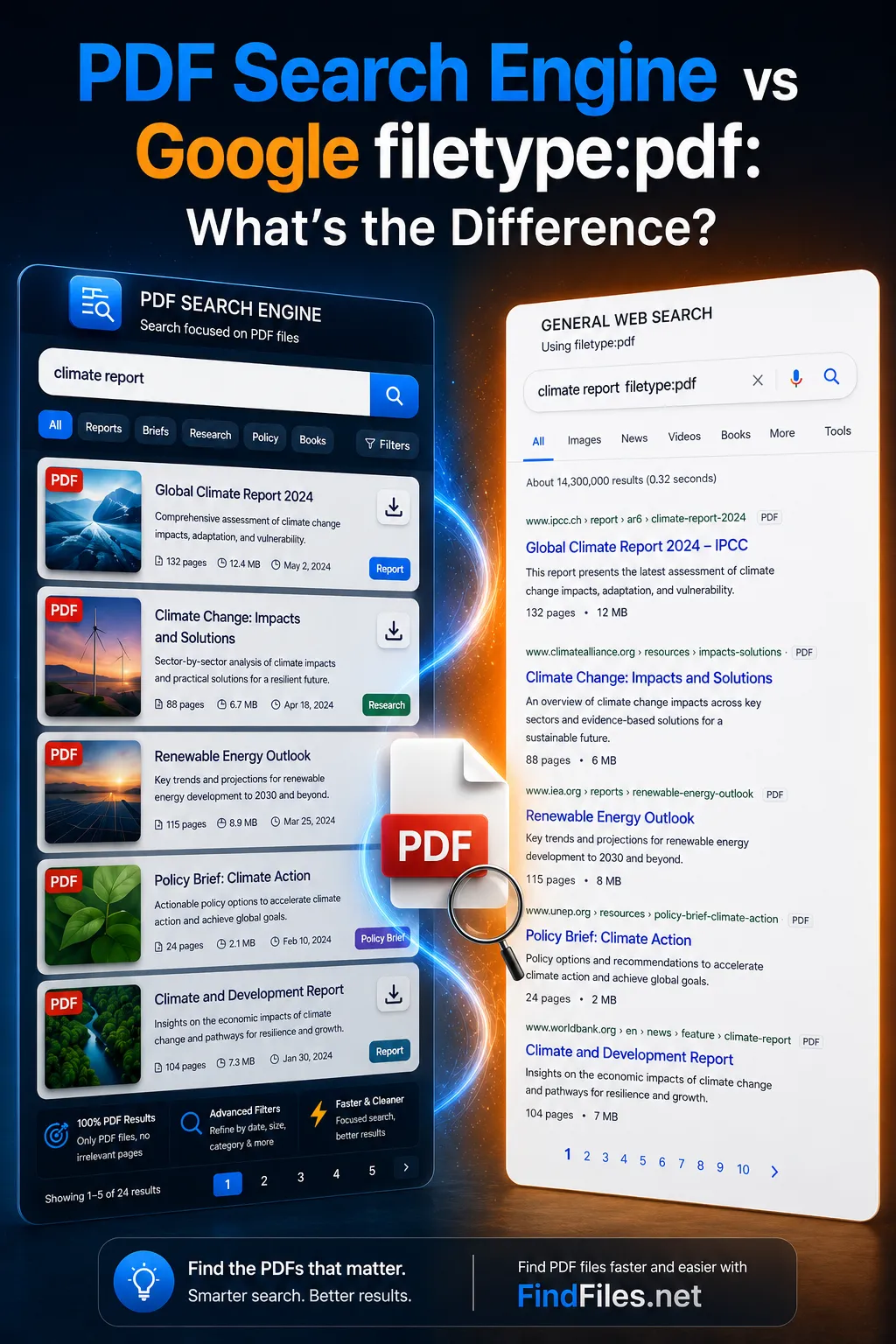 Screenshot of FindFiles.net search results with file-focused results and filters.