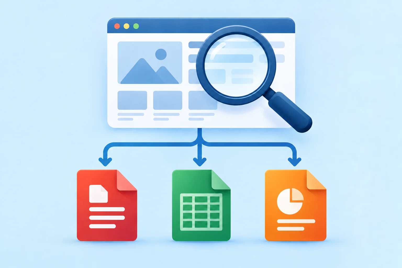 Editorial illustration of a website search narrowing one domain into PDF, spreadsheet and presentation files.